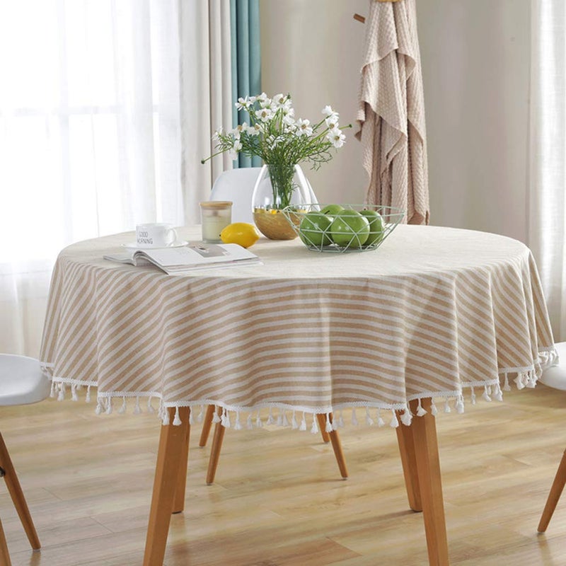 AMZALI Stripe Tassel Tablecloth Cotton Linen Table Cloth Stain Resistant Dust-Proof Table Cover for Kitchen Dinning Tabletop Home Decoration (Round 60 Inch, Beige) - Image 4